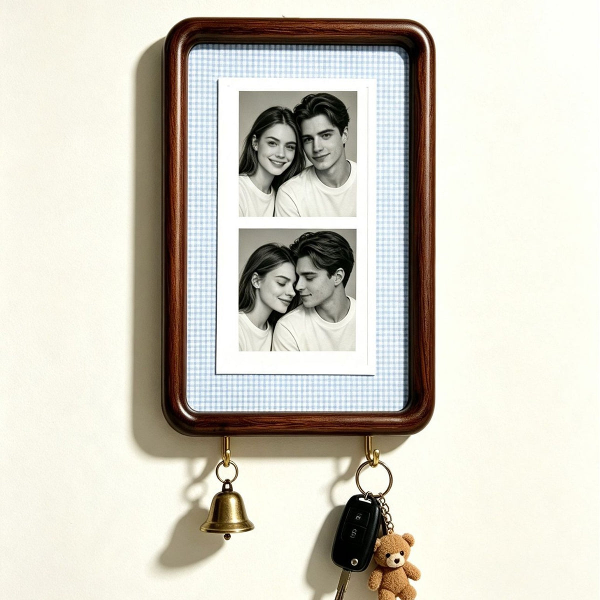 Option 8inch Hook Style 11: dark wood wall photo frame with light blue gingham backing and two key hooks