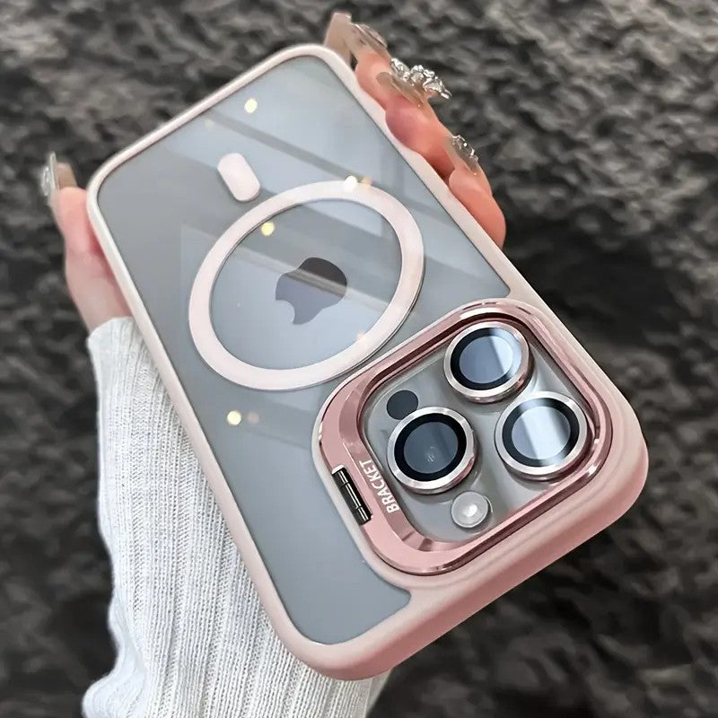 Magnetic protective translucent phone case with a fold out camera stand compatible with iPhone