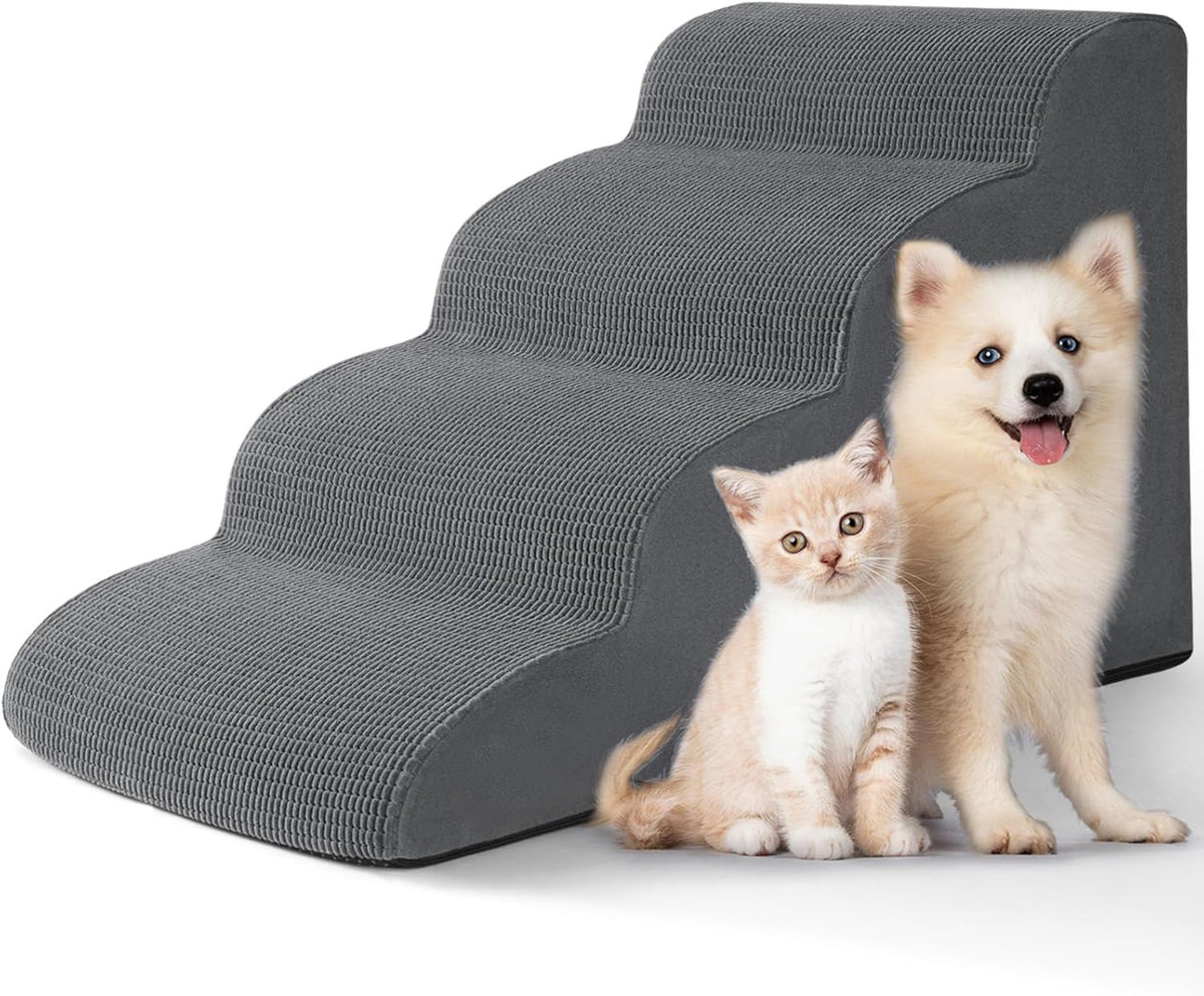 Ribbed fabric covered foam pet stairs in a solid colour, tiered steps for a pet to climb a tall bed