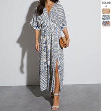 Womens V Neck Kimono Sleeve Printed Maxi Dress with Side Slit