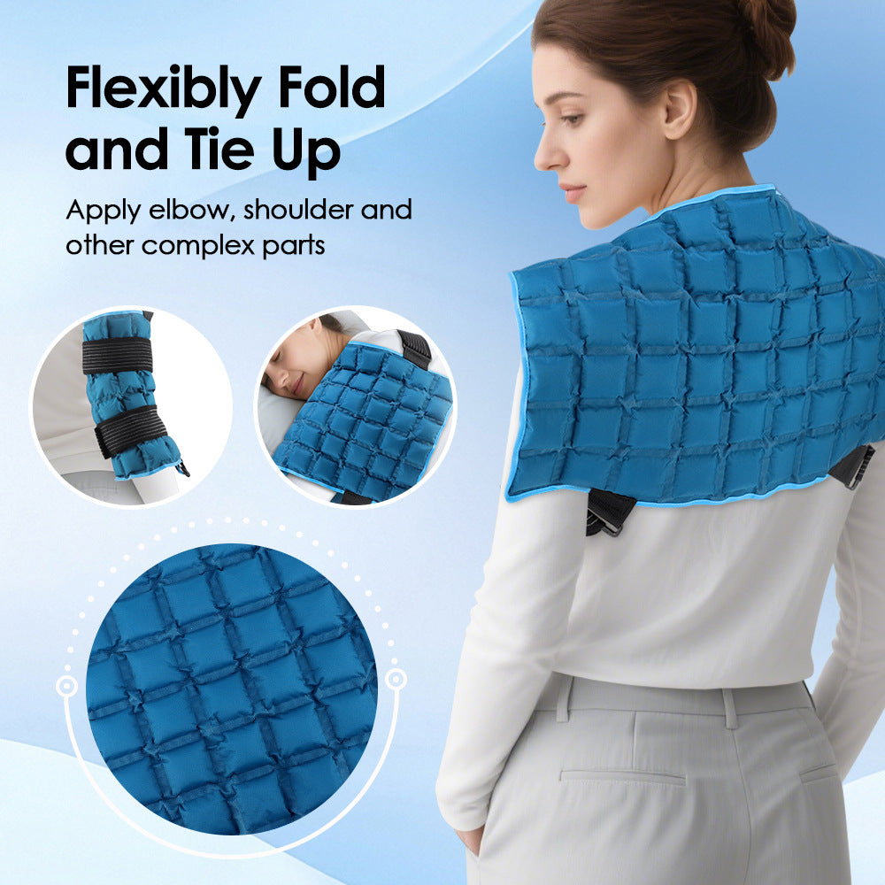 Woman wearing a blue quilted wrap folded over the shoulders and upper back, with elbow and cell close-ups
