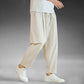 Mens cotton and linen wide leg casual trousers, loose straight cut, ankle length, drawstring waist