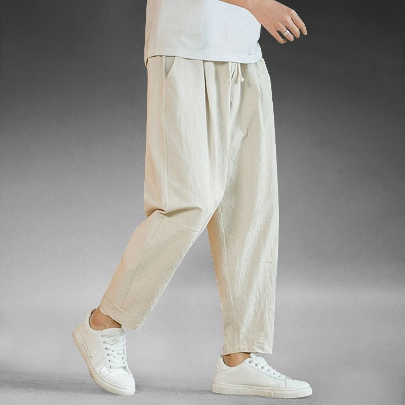 Mens cotton and linen wide leg casual trousers, loose straight cut, ankle length, drawstring waist