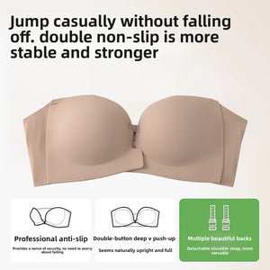 Beige strapless push-up bra with a wide non-slip band shown with fit and support diagrams
