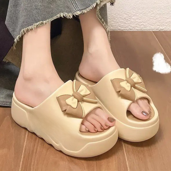 Womens platform slides, khaki bow platform slide worn