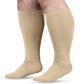 Plus size compression sock in a solid colour shown against a plain pale backdrop