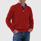Red mens acrylic knit quarter zip stand collar pullover sweater worn by a standing male model