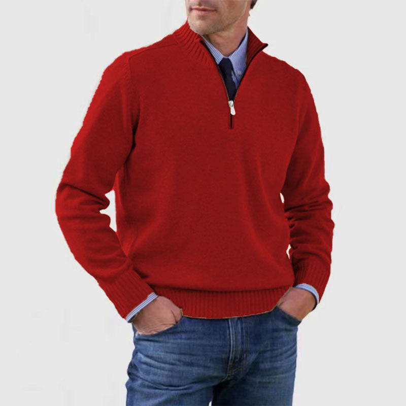 Red mens acrylic knit quarter zip stand collar pullover sweater worn by a standing male model