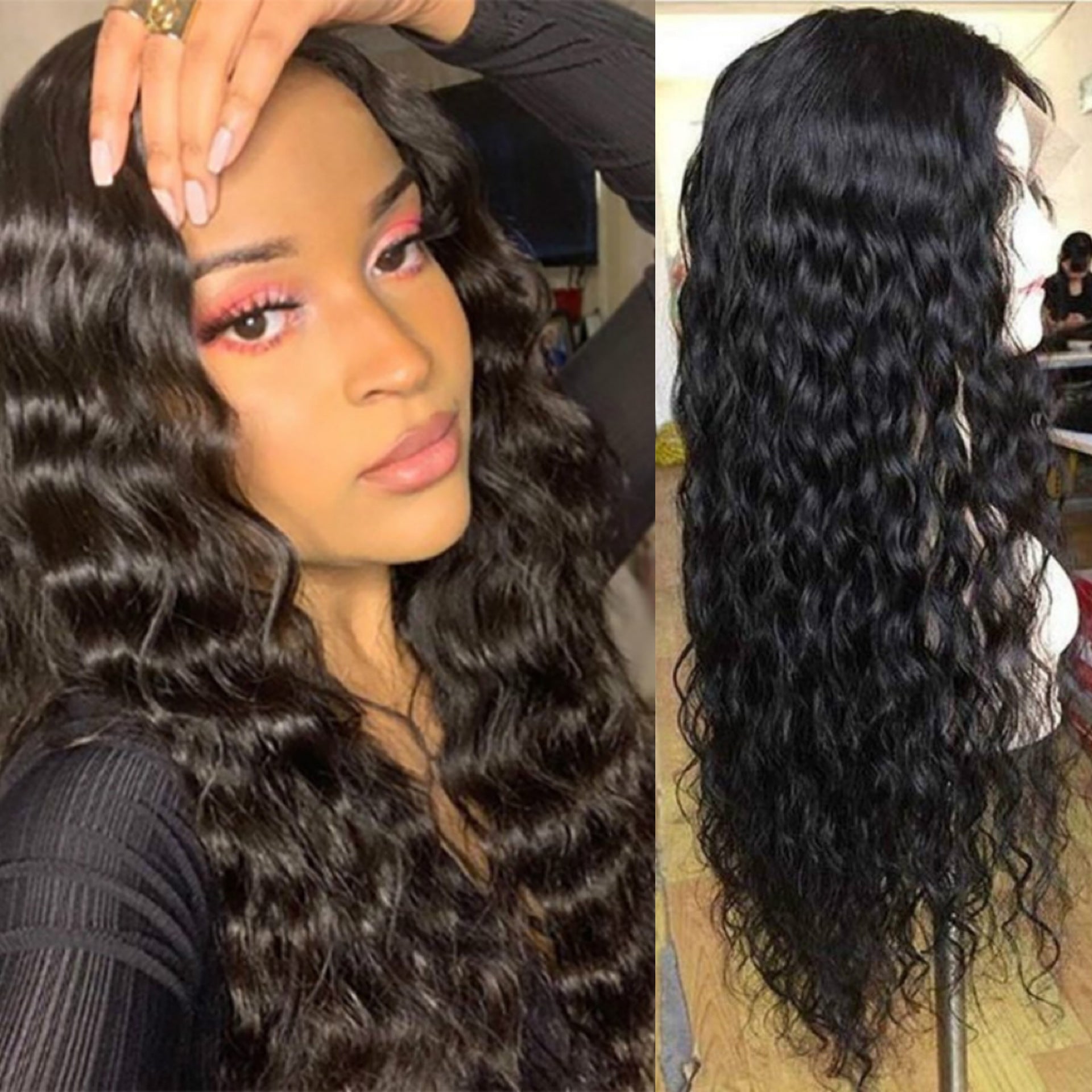 Front view of long curly synthetic lace front wig showing the hairline
