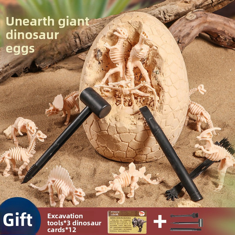 Child chipping a mini dinosaur from a plaster egg with a small hammer