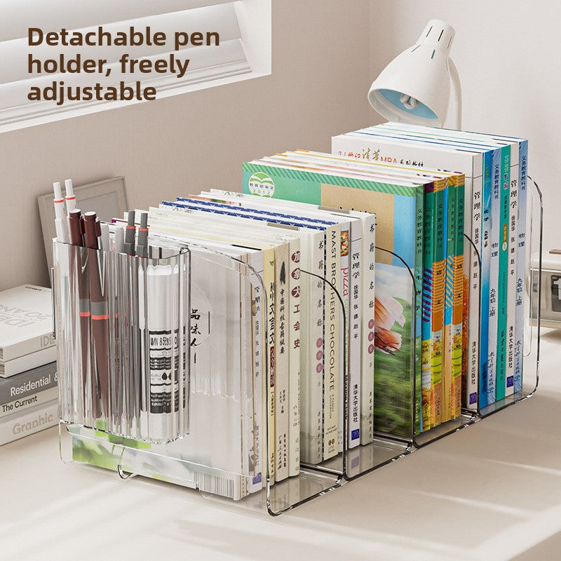 Clear book organizer with a detachable ribbed pen holder at the left and rows of books standing upright in sections