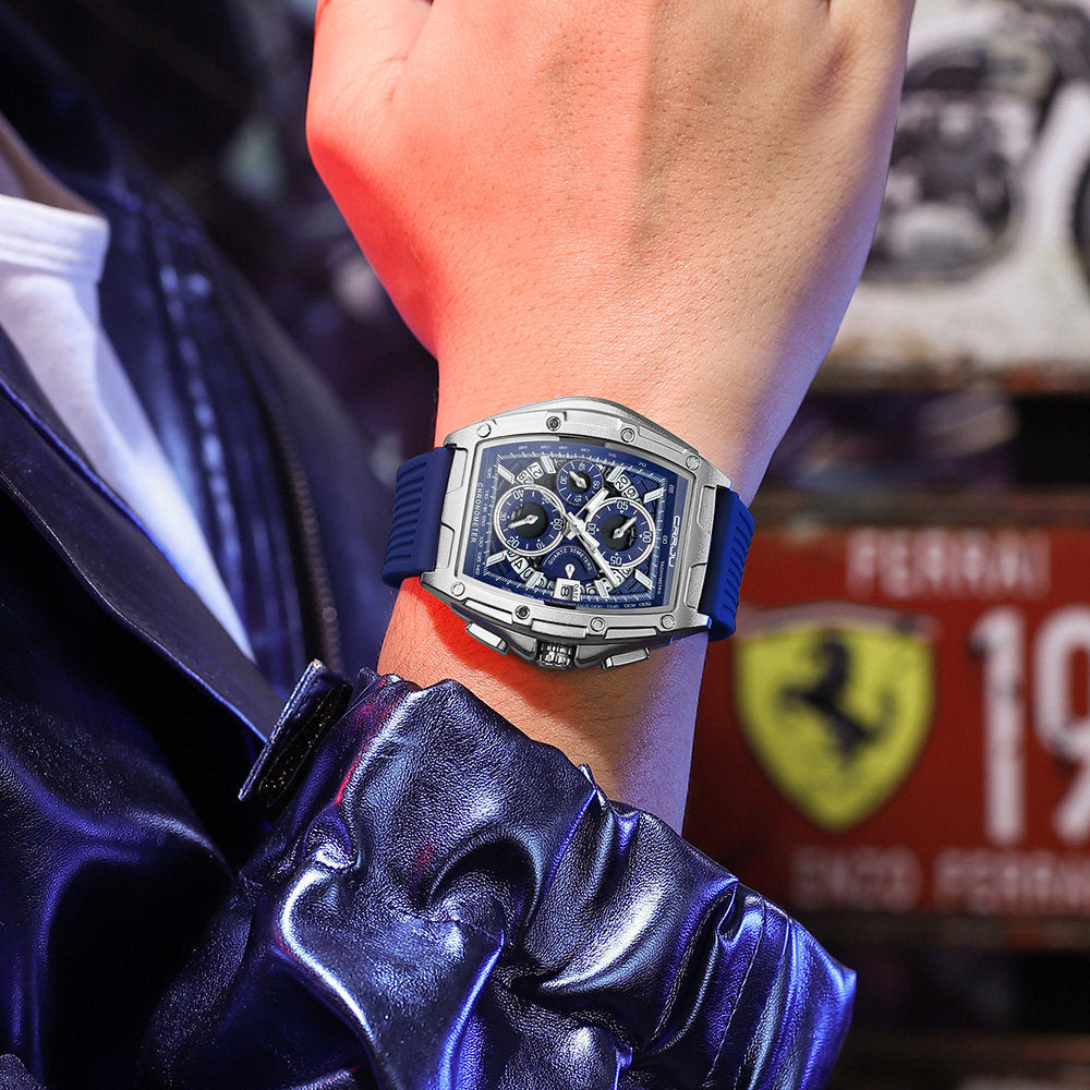 Close up of soft silicone watch strap texture and pin buckle