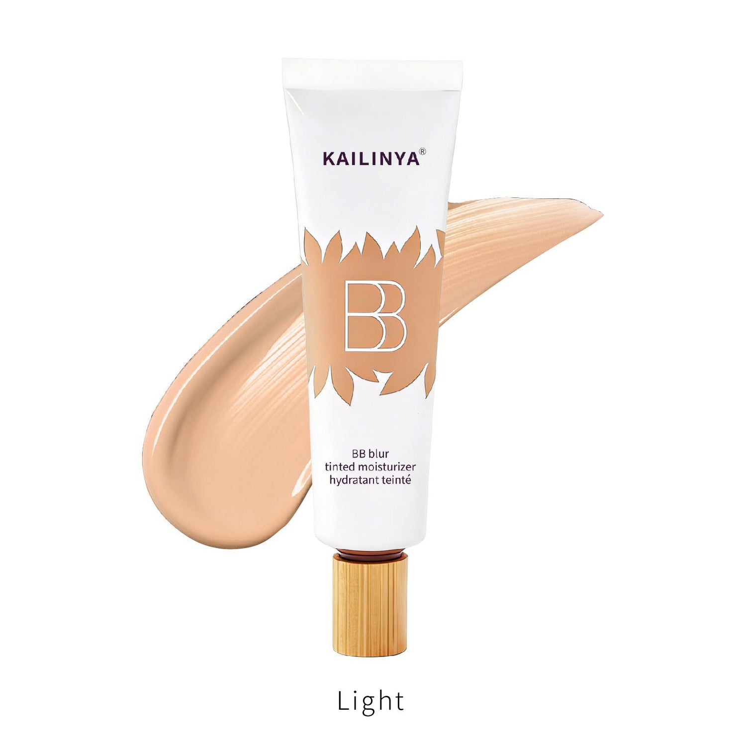 Swatch of the BB blur tinted moisturizer in the fair Light shade blended beside the tube