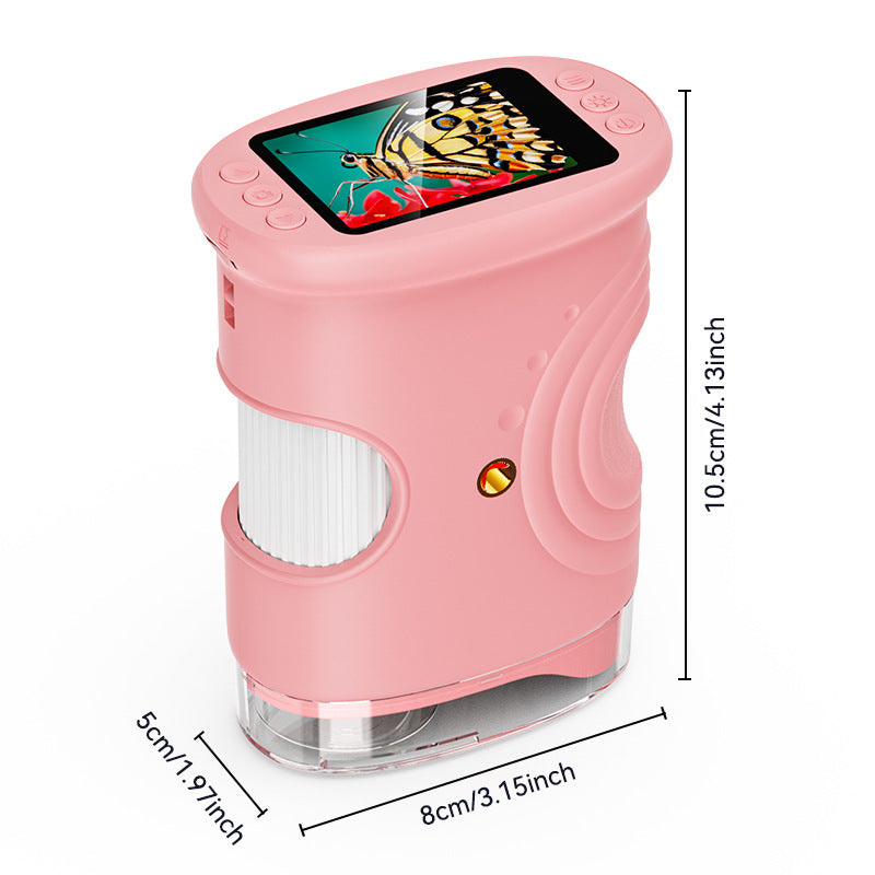 Pink kids digital microscope with 2 inch screen, clear base and size labels
