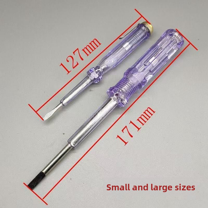 Neon voltage tester pen laid flat, clear body with metal shaft, tip and end cap visible