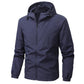 Black mens hooded nylon shell jacket on a wooden hanger over a white tee
