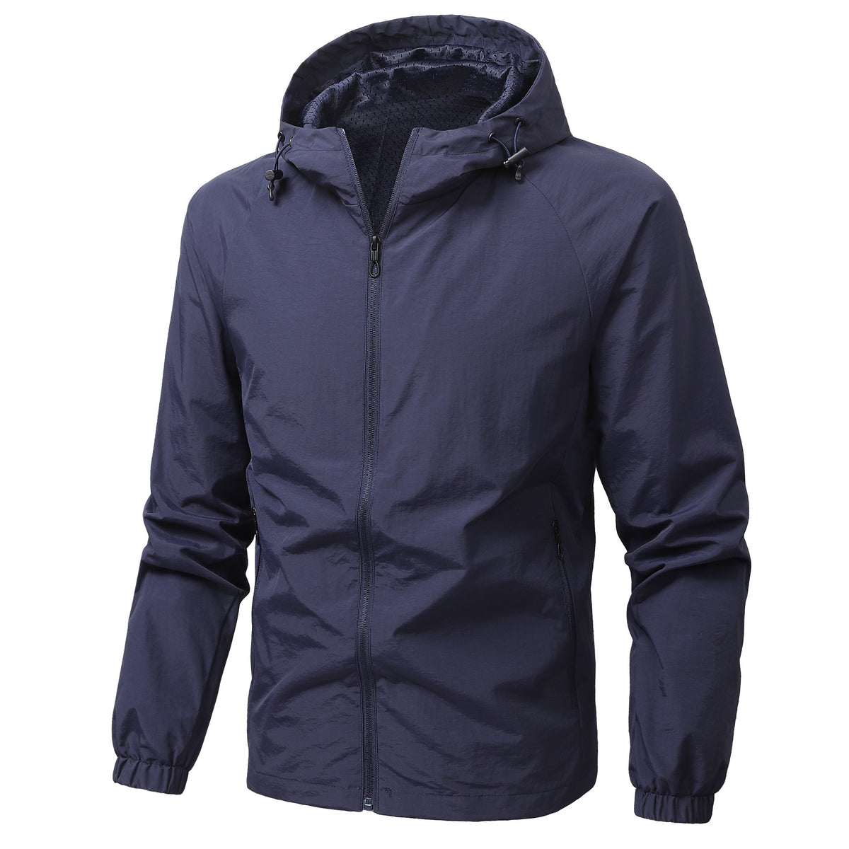 Black mens hooded nylon shell jacket on a wooden hanger over a white tee