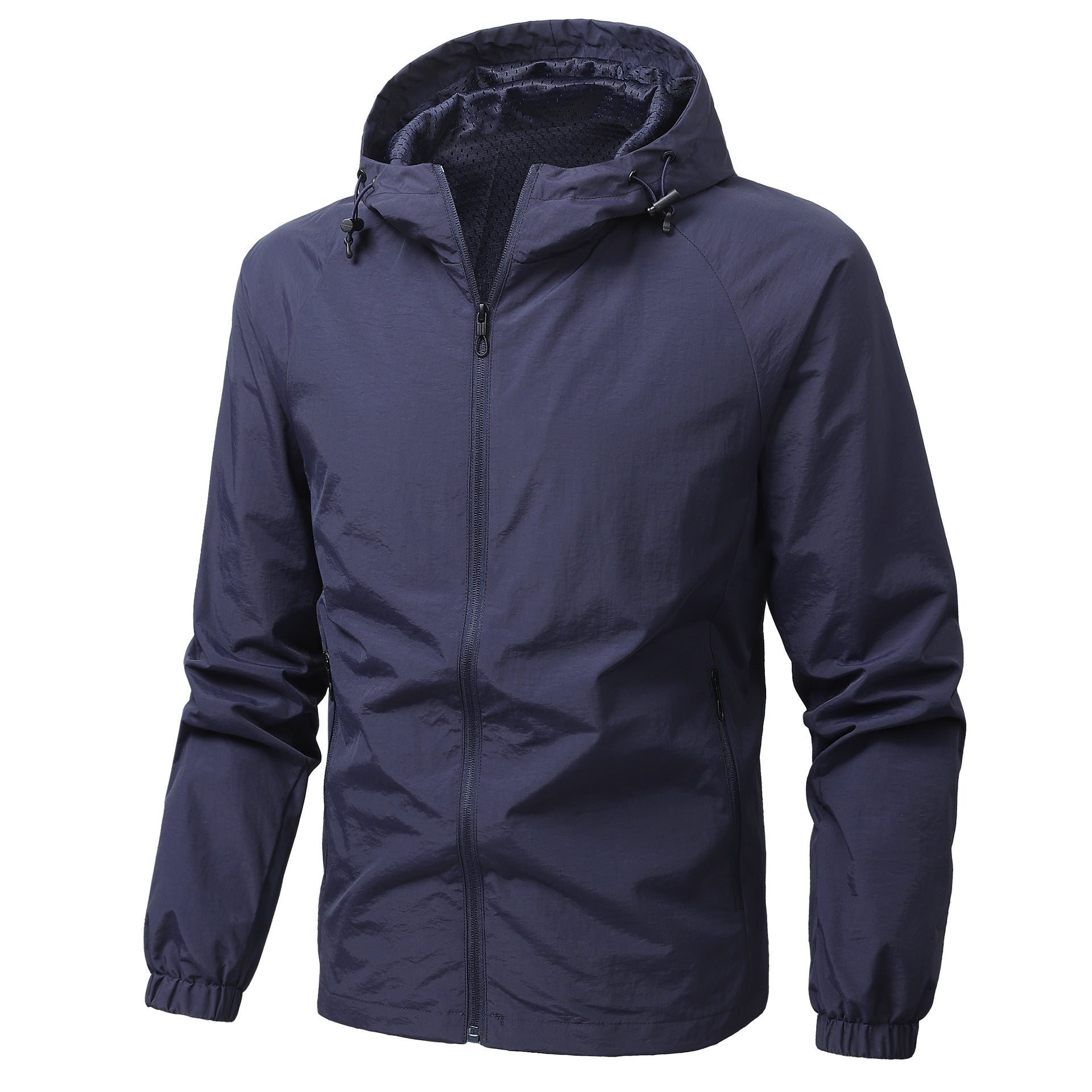 Black mens hooded nylon shell jacket on a wooden hanger over a white tee