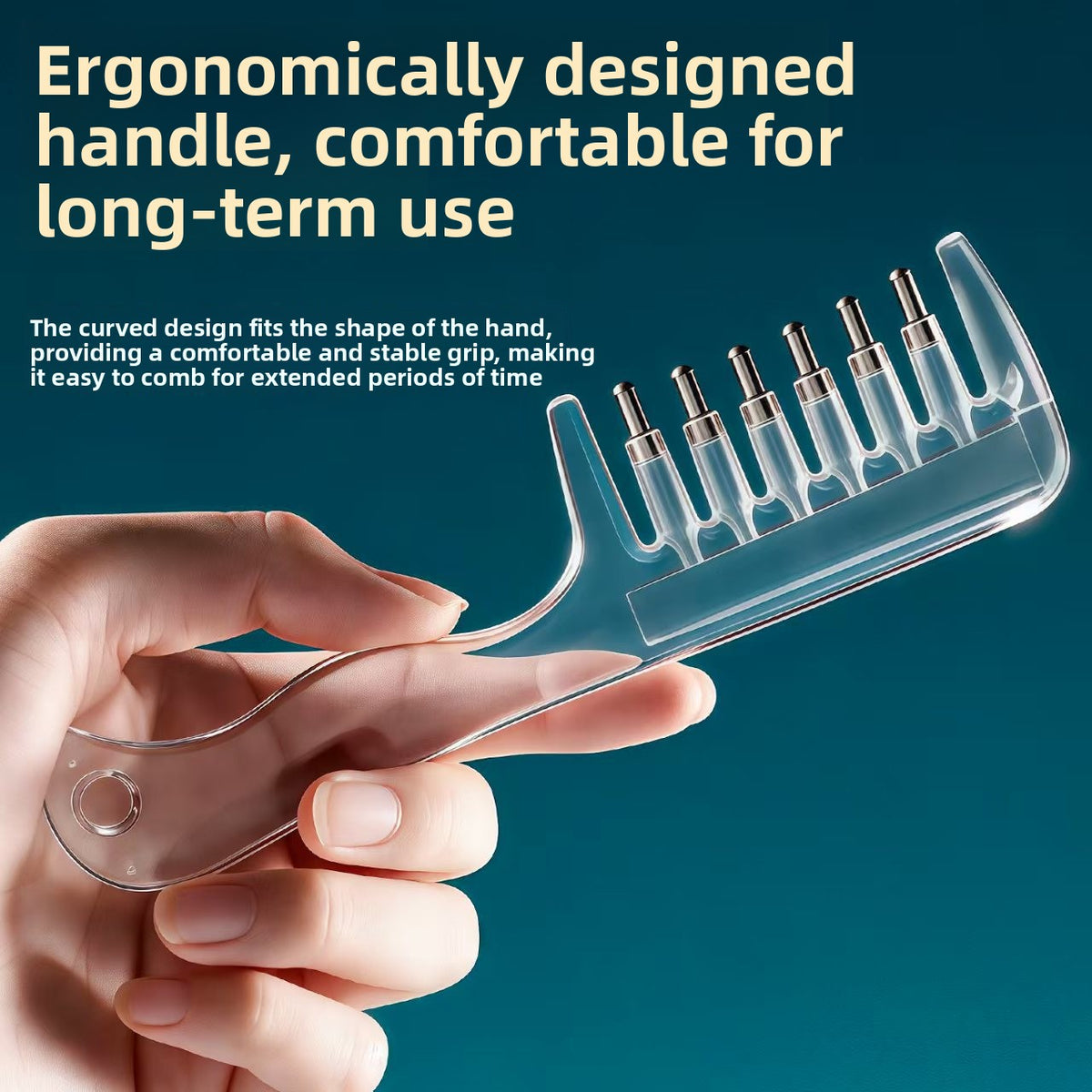 Transparent pink liquid guide comb with wide set teeth and a heart cutout on the handle end