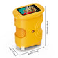 Yellow handheld digital microscope with butterfly on screen and size labels