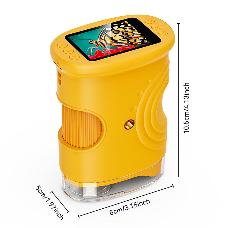 Yellow handheld digital microscope with butterfly on screen and size labels