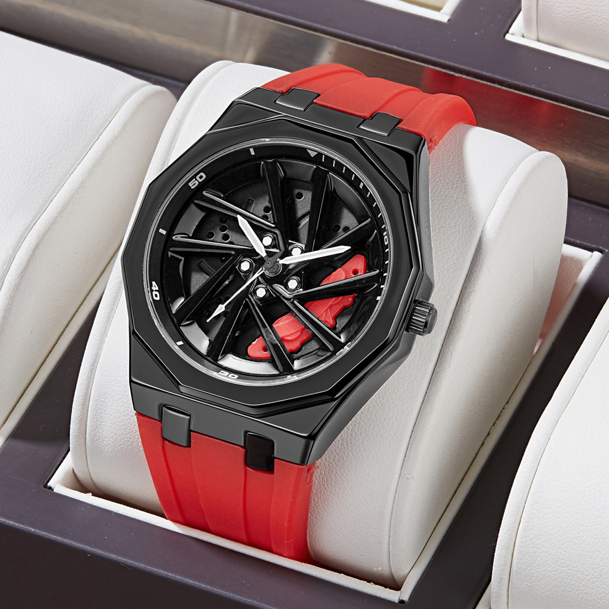 Octagonal car wheel quartz watch worn on the wrist during everyday use