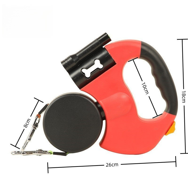 Red dual retractable pet leash with printed measurements of 26 cm length, 18 cm height and 10 cm grip