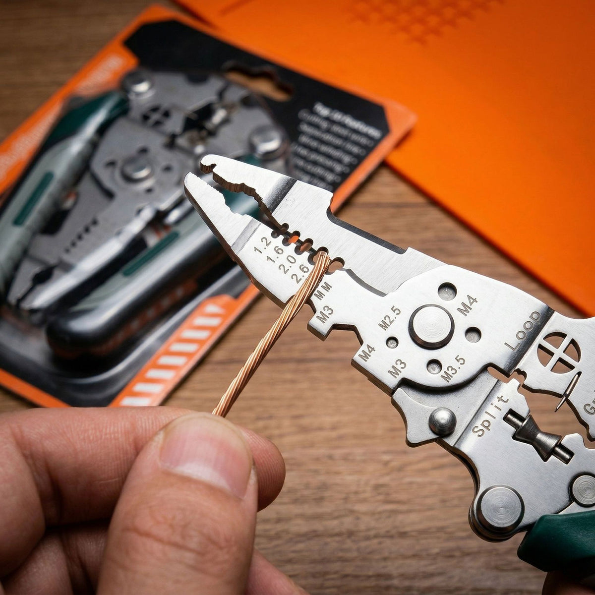 Multifunction wire stripping plier shown open with the stainless steel head and jaws