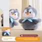 Two views of the grey penguin plush with a soft blue neckerchief at its neck