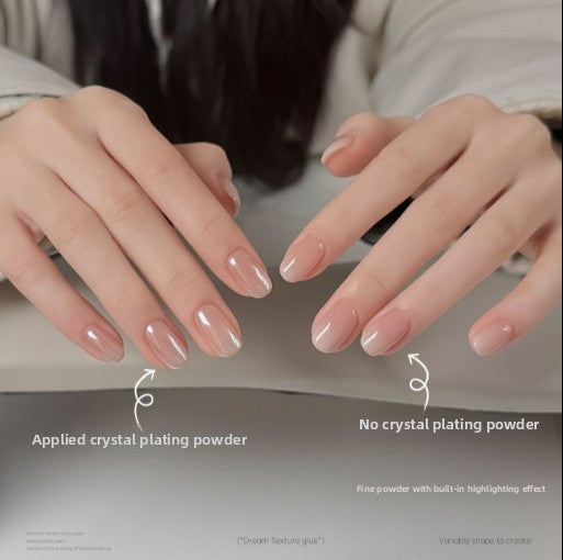 Two hands comparing nails with and without the applied crystal coating nail powder
