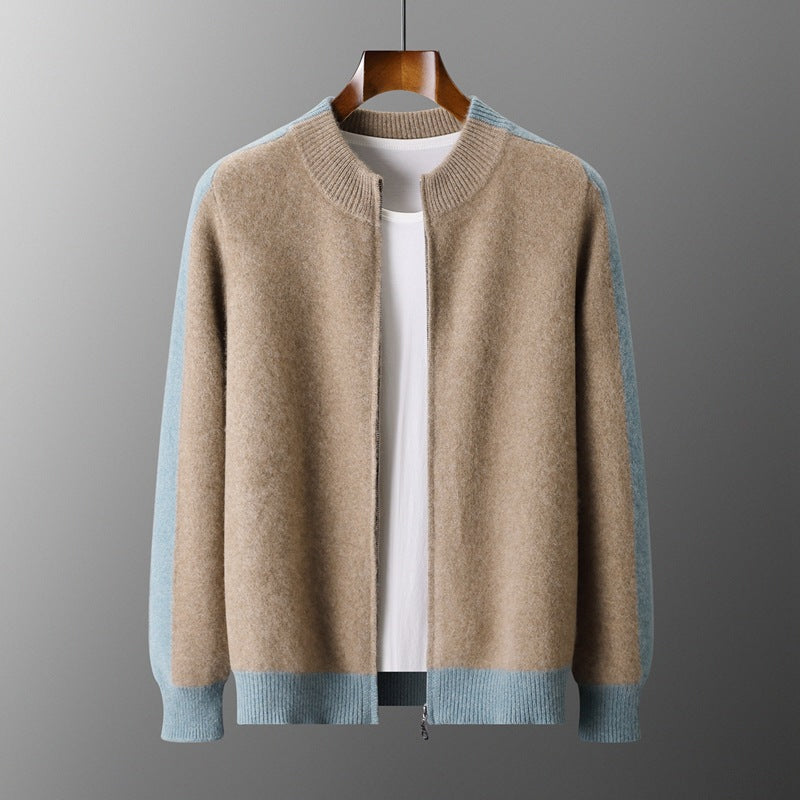 Camel zip cardigan with light blue sleeves, ribbed stand collar and hem band, front view over a white tee