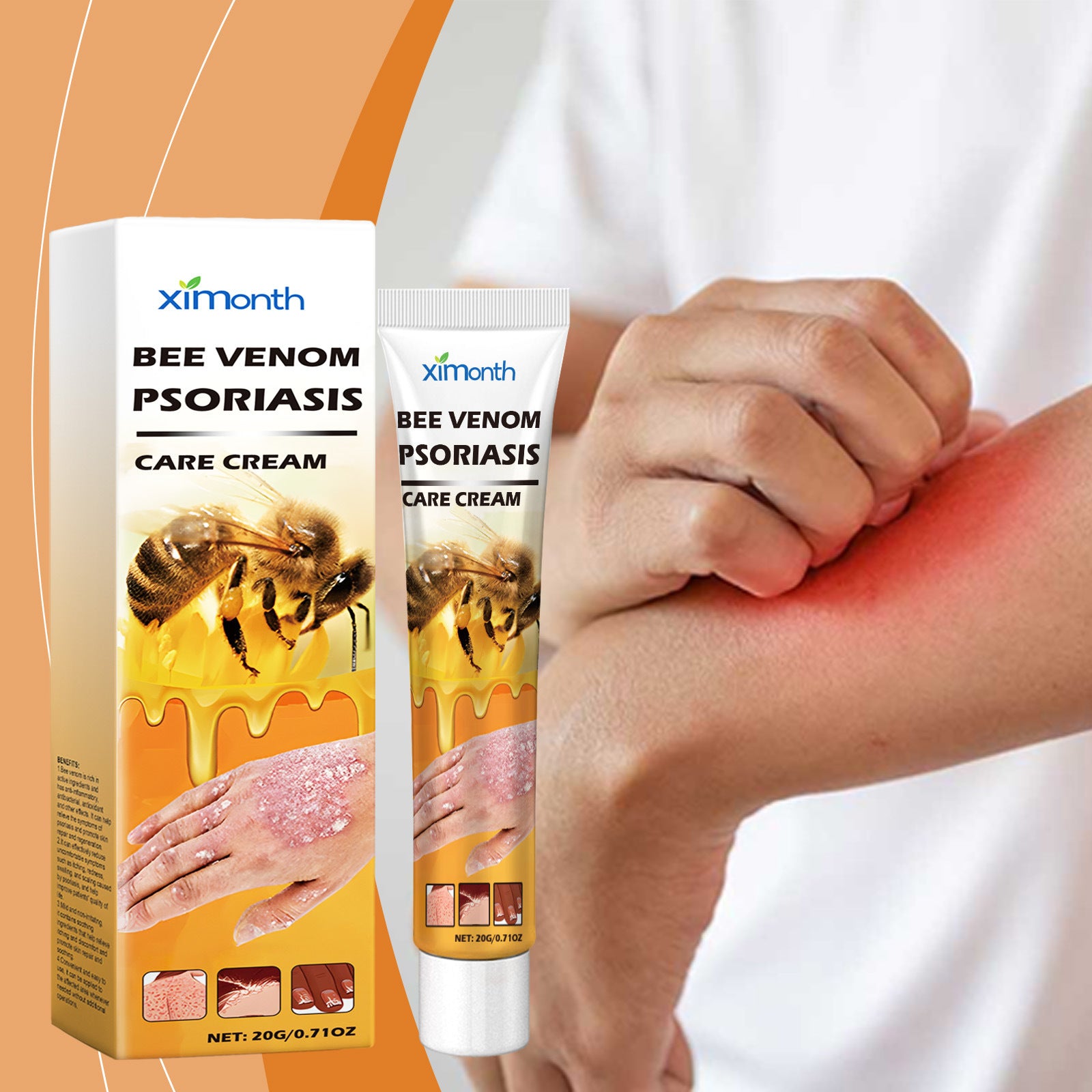 Bee Venom Psoriasis Care Cream 20g squeeze tube shown beside its printed carton box