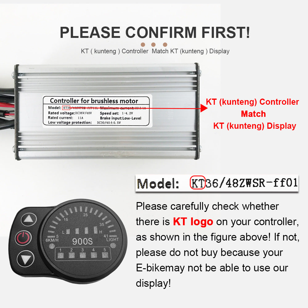 Kunteng controller label beside the KT display, showing the KT logo and model number for a compatibility check