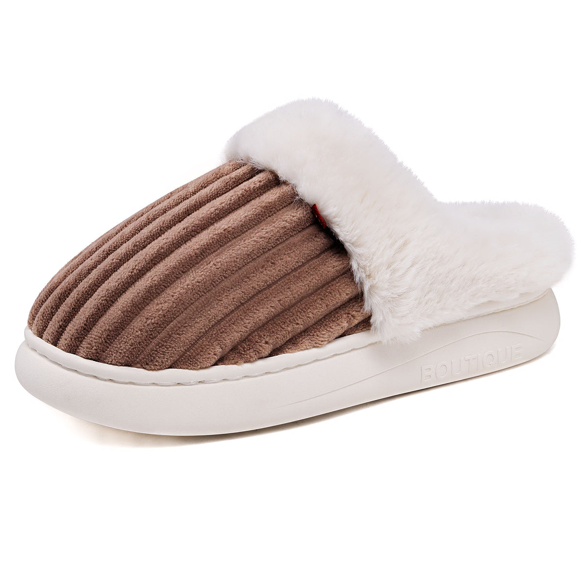 Plush winter house slipper with corduroy upper, fur trim and anti slip sole