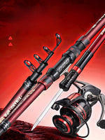 Carbon fiber telescopic sea fishing rod shown extended, front hero view