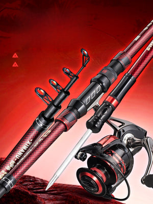 Carbon fiber telescopic sea fishing rod shown extended, front hero view