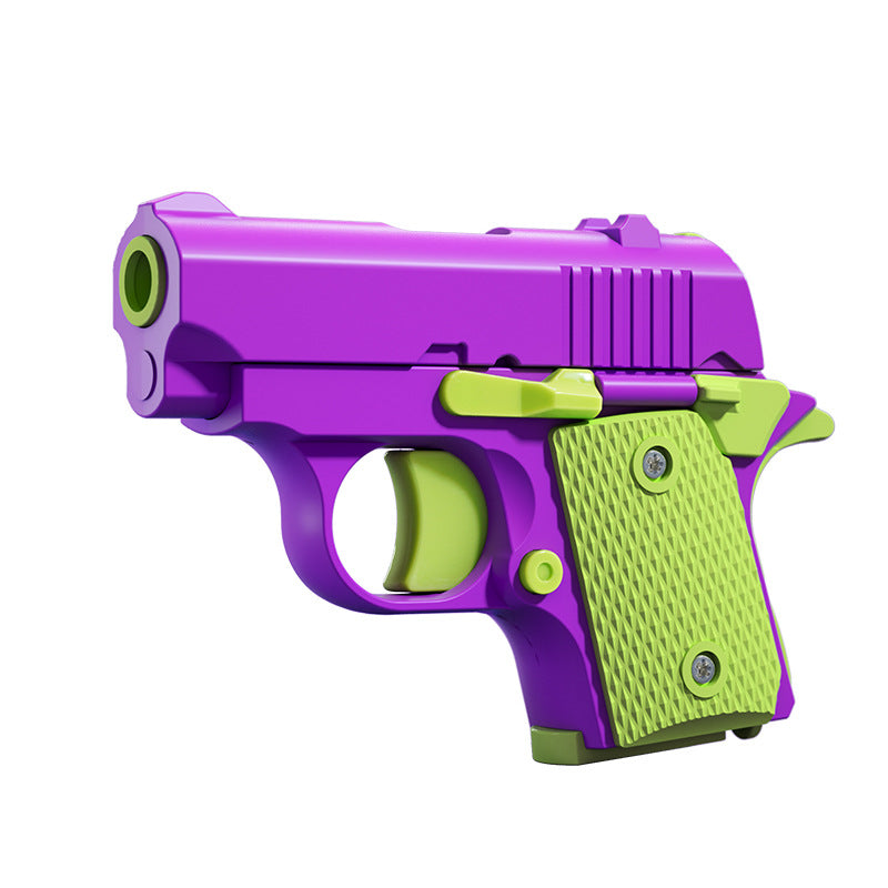 Purple and green moulded model pistol fidget, three quarter studio view on white