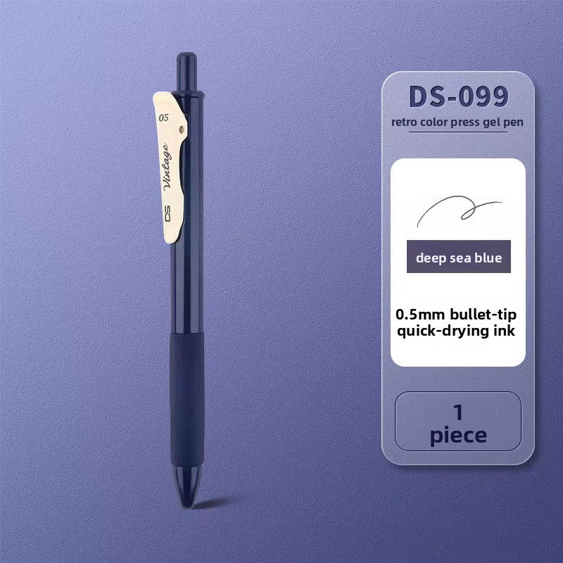 Navy retractable gel pen on a matching background, labeled Deep sea blue, Deep Sea Blue 1pc