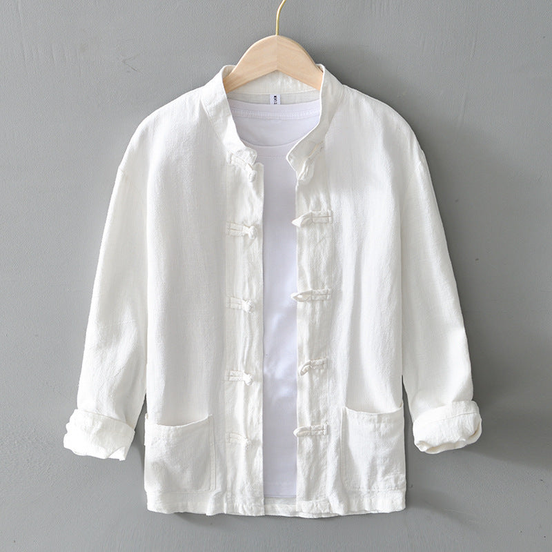White frog closure shirt jacket with stand collar on a hanger over a white tee, image of the size 4XL option