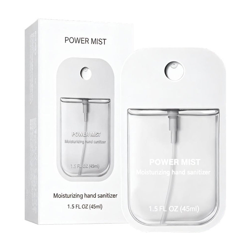 Clear transparent POWER MIST paper box and matching flat 45 ml hand spray bottle on a white background
