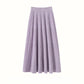 Lilac ribbed A-line midi skirt with tiered seams and a wide waistband, flat view on a white background