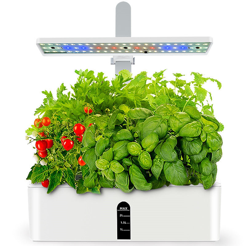 Front view of the indoor grow light and planter, herbs under the full spectrum LED bar, water window to 2 L