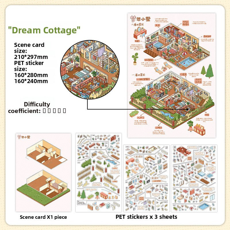 Retro cartoon house scene deco stickers on PET and white cardboard stock