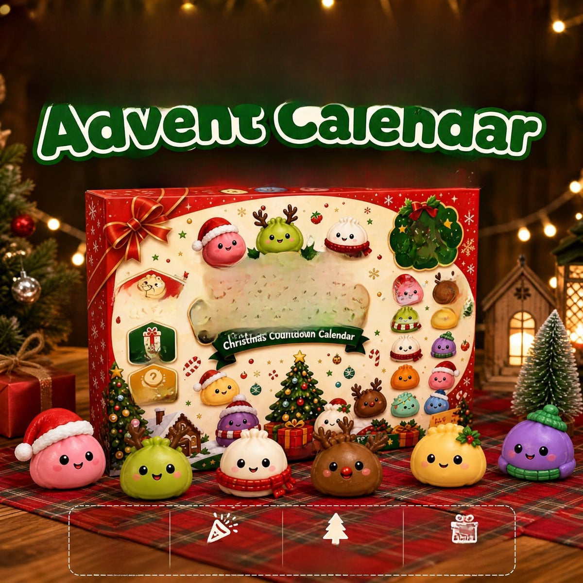 Mystery Dumpling advent calendar box on a plaid cloth with squishy dumplings in Santa hats and antlers, Advent Calendar text