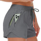 A black womens two in one fitness shorts with a side phone pocket and inner liner, front view