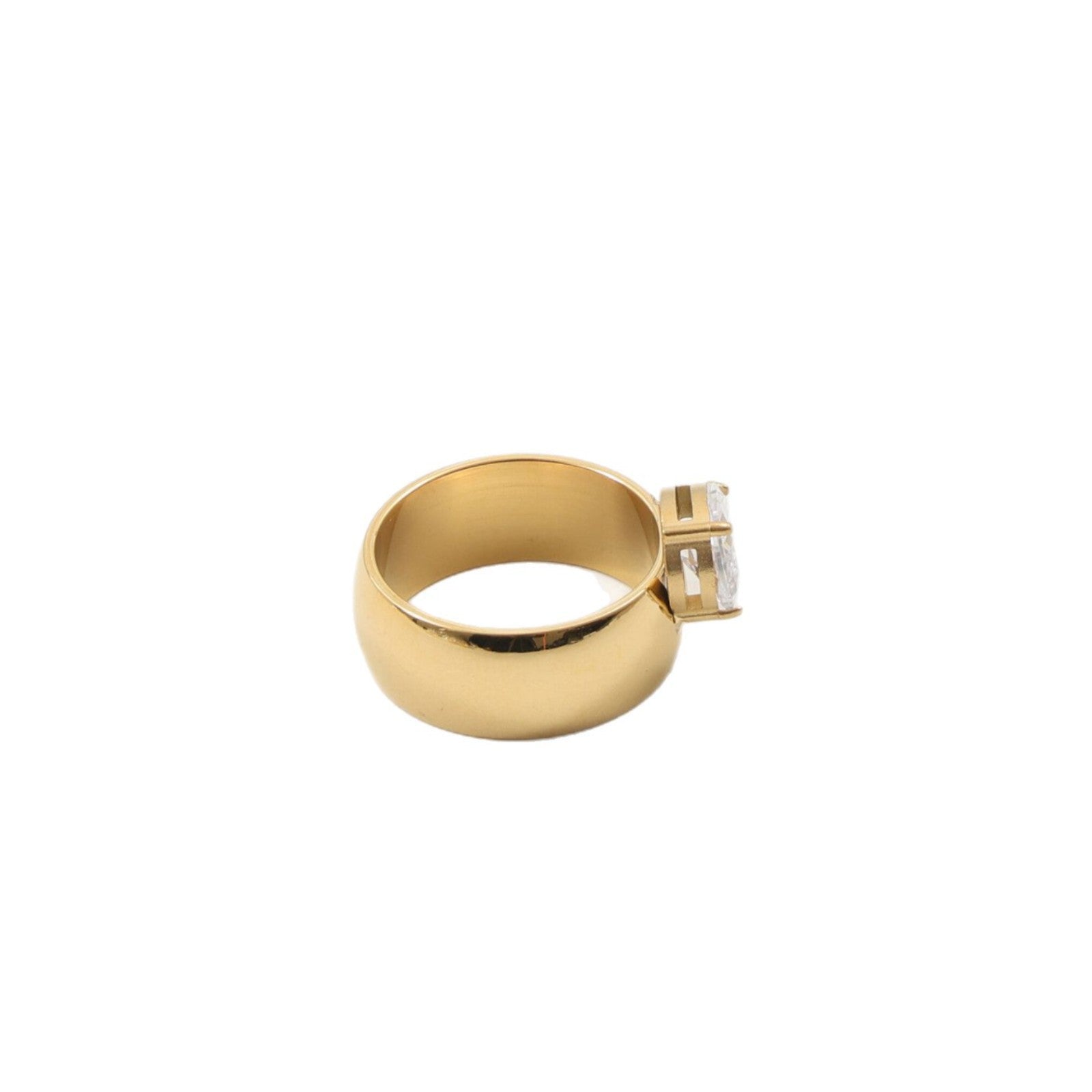 Drop zircon gold-plated ring seen from the side, showing the slim raised setting