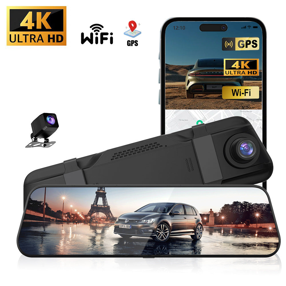 Mirror dash cam with a rear camera and a phone showing 4K, WiFi and GPS icons, option image for 10in 4K VoiceCtrl