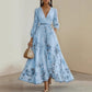 Floral print pleated maxi dress long blouson sleeve and cuff detail close up