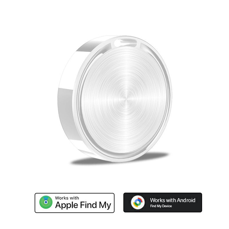 Translucent white round OtagF8 tracker with a brushed circular top and Find My and Find Hub badges