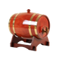 Amber wooden barrel dispenser with gold hoops and a wooden spigot on a brown stand